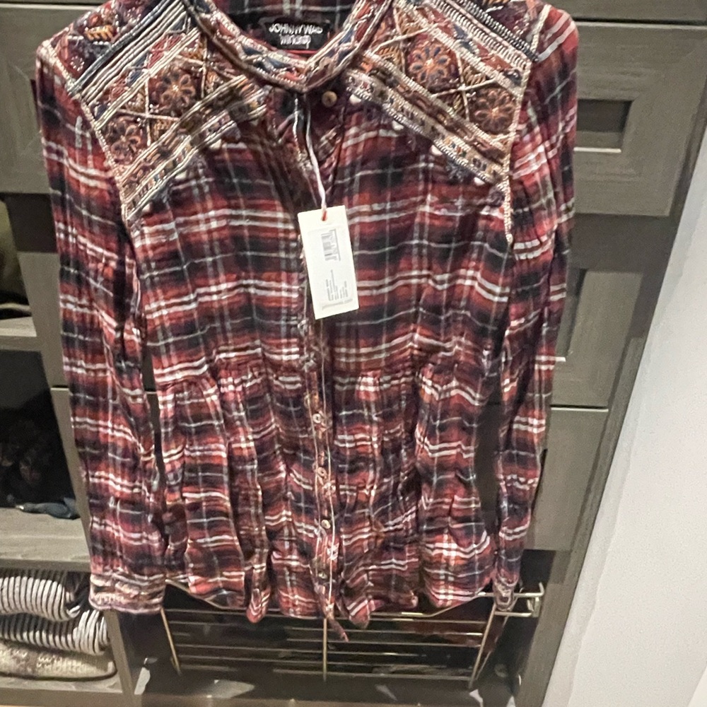 Johnny Was Plaid Button-Up Shirt Molly Jo Mandarin Collar Smock Shirt